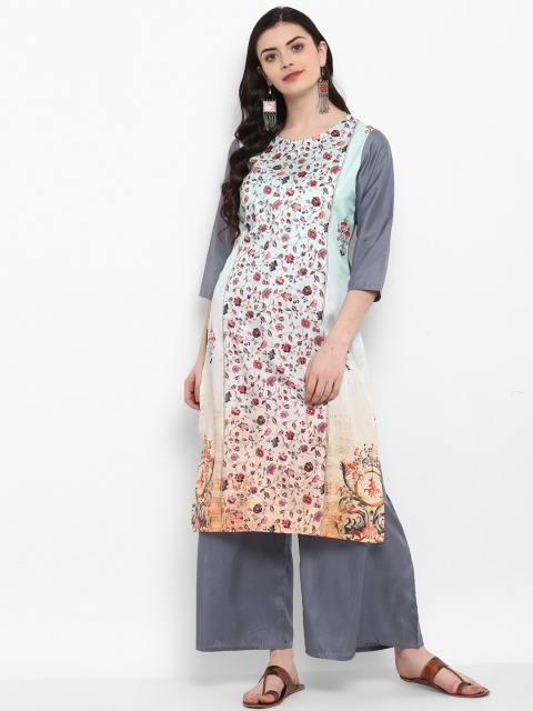 

ZIYAA Women Grey & Sea Green Printed Straight Kurta