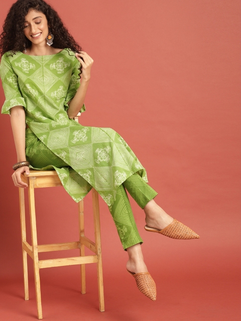 

Taavi Women Green and Cream-Colored Shibori Hand Tie & Dye Technique Straight Sustainable Kurta Set