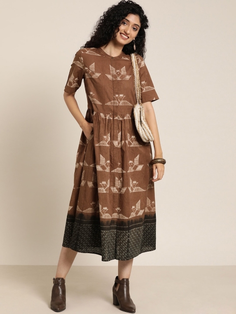 

Taavi Women Rust Brown & White Shibori Hand Technique A-Line Sustainable Dress with Pockets