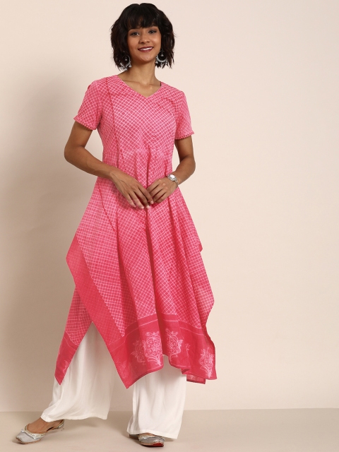 

Taavi Women Pink & White Shibori Hand Tie & Dye Technique A-Line Kurta with Asymmetric Hem