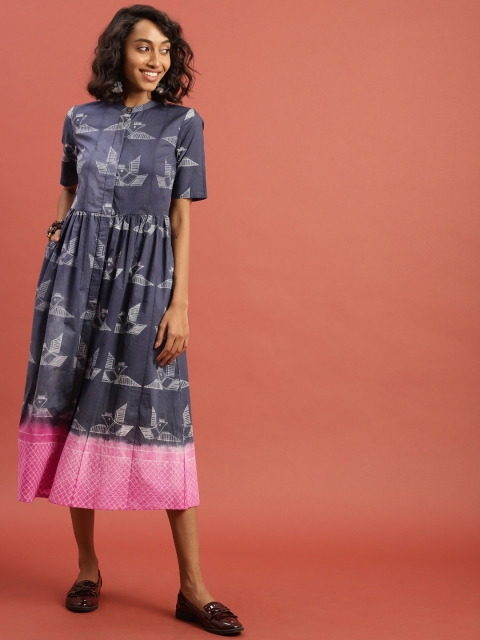

Taavi Women Navy Blue & White Shibori Hand Tie & Dye Technique A-Line Sustainable Kurta