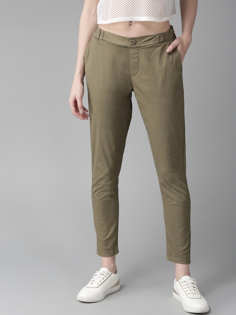 

Roadster Women Olive Brown Solid Cropped Trousers