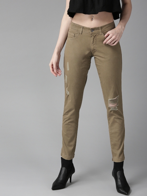 

Roadster Women Olive Green Regular Fit Solid Low Distressed Trousers