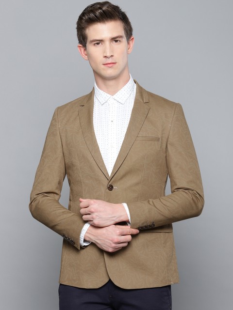 

Louis Philippe Men Khaki Printed Slim Fit Single Breasted Formal Blazer