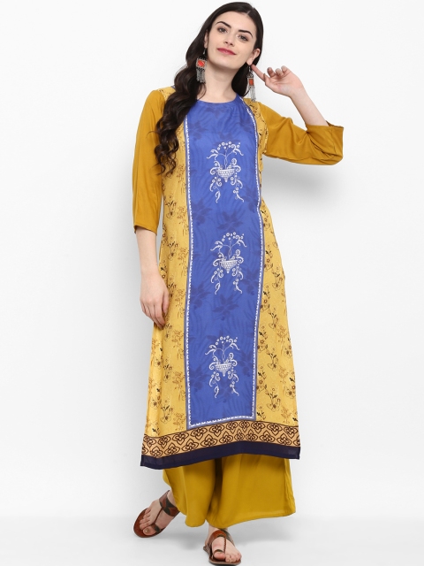 

ZIYAA Women Mustard Yellow & Blue Printed Straight Kurta