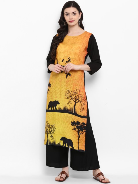 

ZIYAA Women Mustard Yellow & Black Printed Straight Kurta
