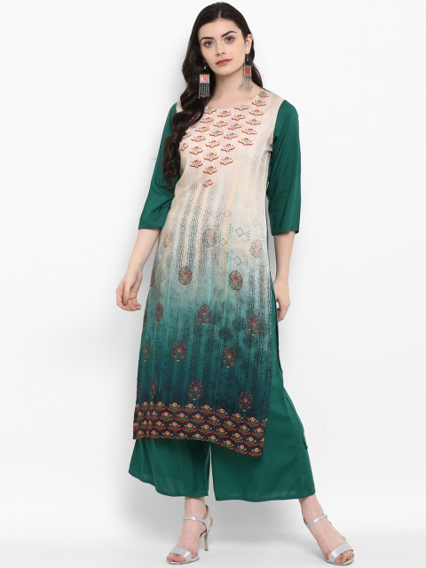 

ZIYAA Women Beige & Green Printed Straight Kurta