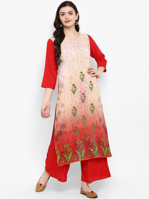 

ZIYAA Women Beige & Red Printed Straight Kurta