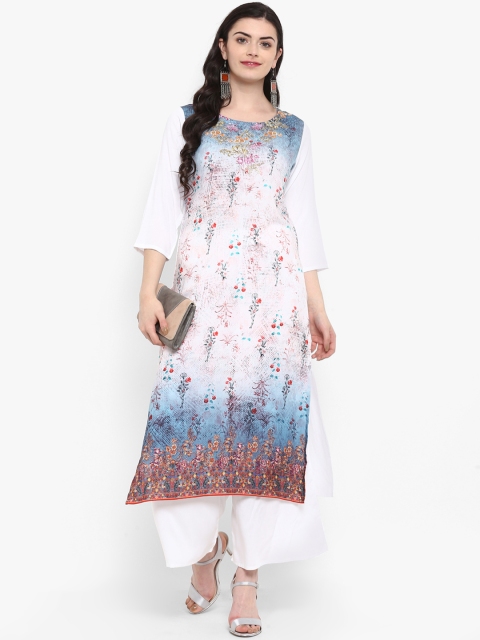 

ZIYAA Women White & Blue Printed Straight Kurta