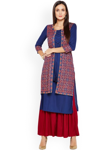 

Be Indi Women Blue Block Printed Layered Straight Kurta