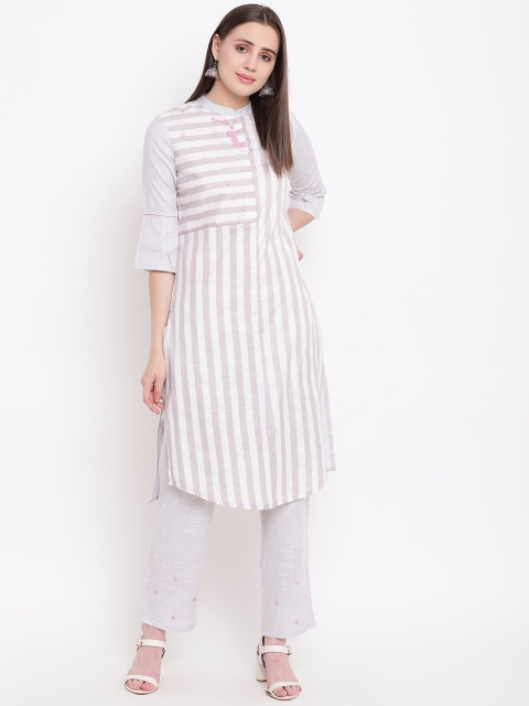 

Be Indi Women Grey & White Striped Kurti with Trousers