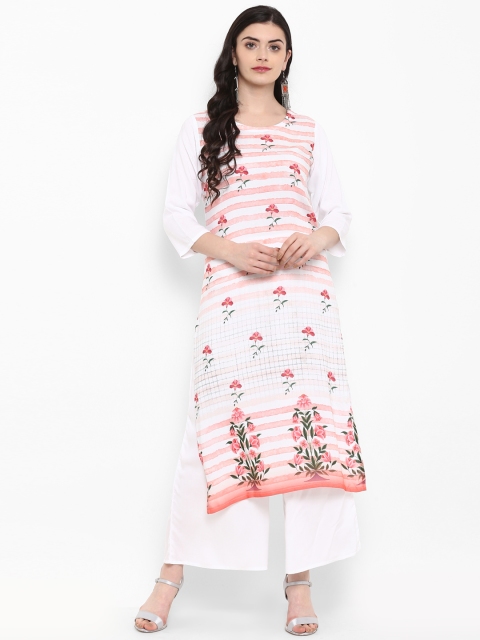 

ZIYAA Women Peach-Coloured & White Printed Straight Kurta