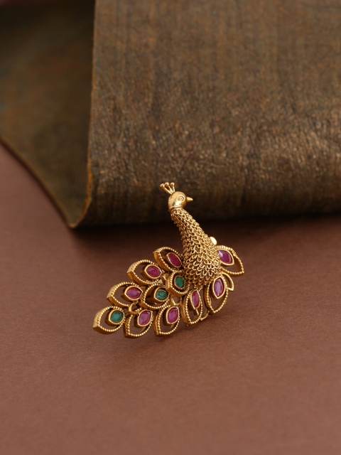 

Priyaasi Pink & Green Antique Gold-Plated Peacock Handcrafted Adjustable Finger Ring