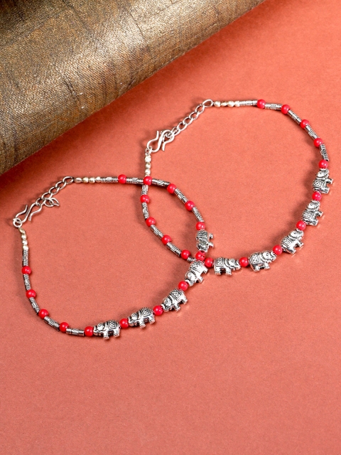

Priyaasi Set of 2 Red Oxidised German Silver Beaded Anklets with Silver Plating