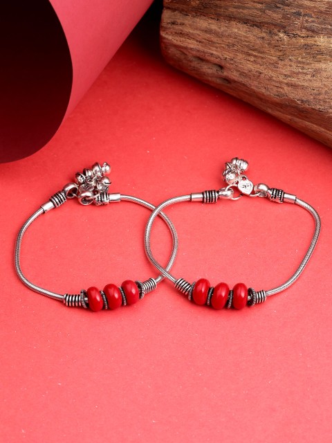 

Priyaasi Set of 2 Red Oxidised German Silver Beaded Anklets with Silver Plating