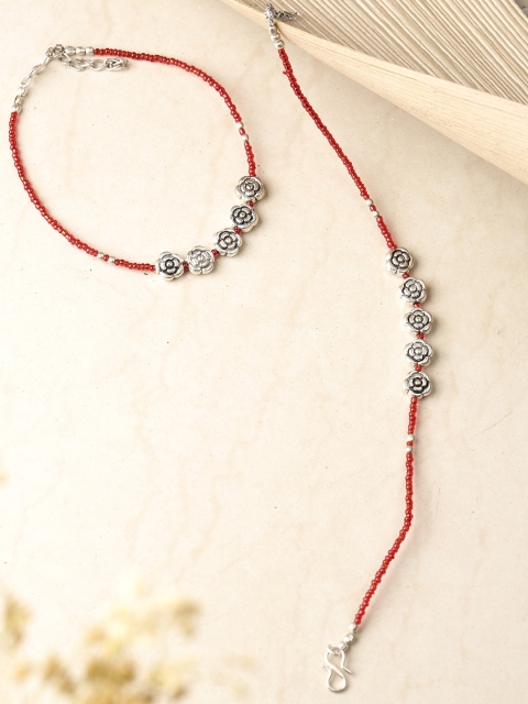 

Priyaasi Set of 2 Red Oxidised German Silver Beaded Floral Anklets with Silver Plating