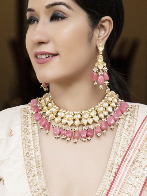 

Rubans Women Gold-Toned, Pink & White Kundan & Stone Embellished Jewellery Set