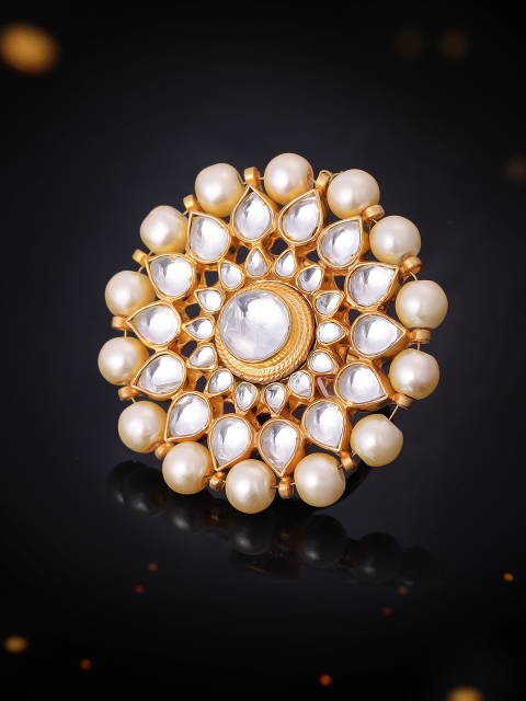 

Rubans Women Gold-Toned & Off-White Pearl & Kundan Embellished Adjustable Cocktail Ring