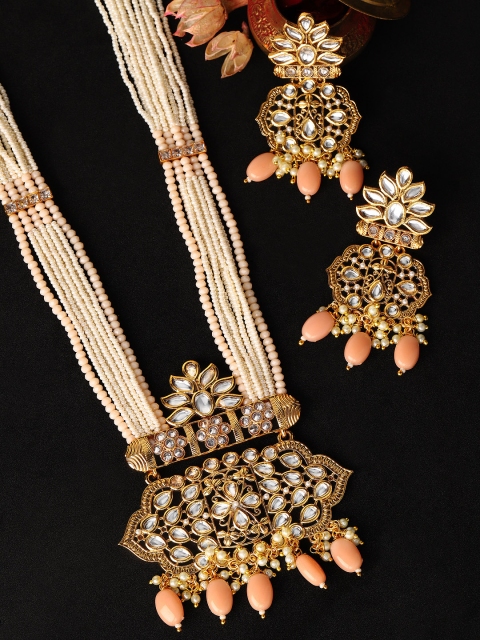

Rubans Women Gold-Toned, Off-White & Pink Pearl & Kundan Embellished Handcrafted Jewellery Set