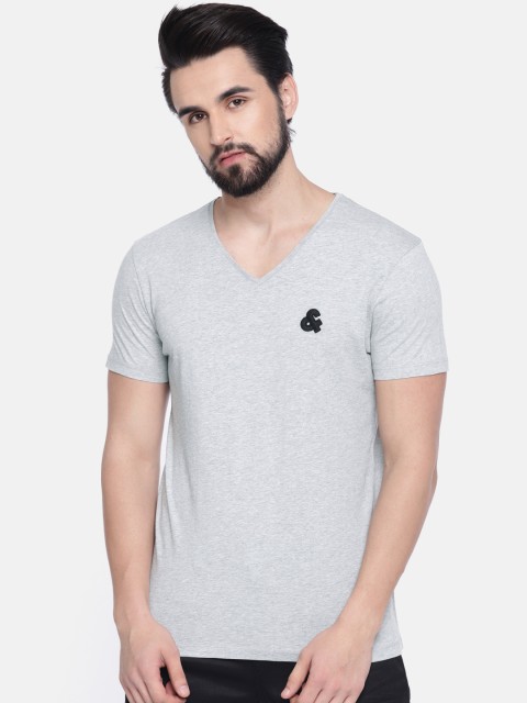 

Jack & Jones Men Grey Melange Solid V-Neck T-shirt