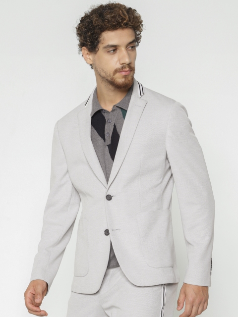 

Jack & Jones Men Grey Melange Self-Design Slim Fit Single Breasted Smart Casual Blazer