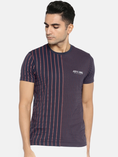 

Jack Jones Men Navy Rust Red Striped Round Neck Pure Cotton T-shirt, Navy blue