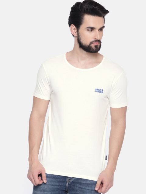 

Jack & Jones Men Off-White Solid Round Neck T-shirt