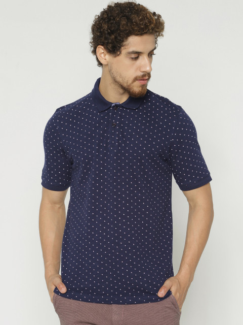 

Jack Jones Men Navy Printed Slim Fit Polo Collar Pure Cotton T-shirt, Navy blue