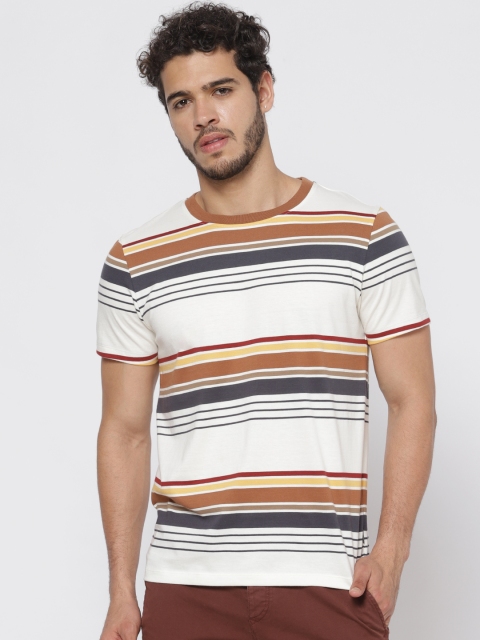 

Jack & Jones Men Off-White & Brown Striped Round Neck T-shirt