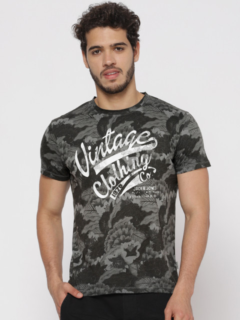 

Jack Jones Men Black Printed Round Neck Pure Cotton T-shirt