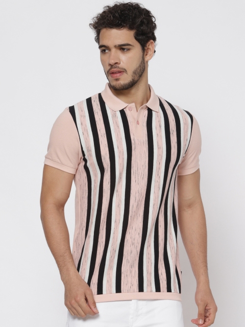 

Jack & Jones Men Pink & Black Striped Slim Fit Polo Collar T-shirt