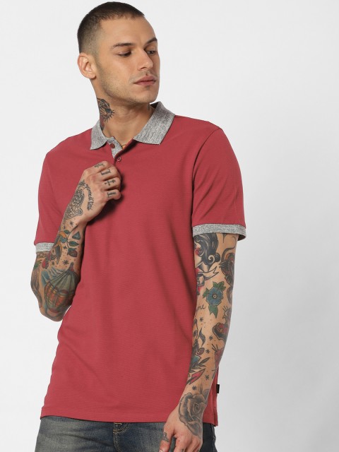 

Jack Jones Men Maroon Self Design Slim Fit Polo Collar Pure Cotton T-shirt