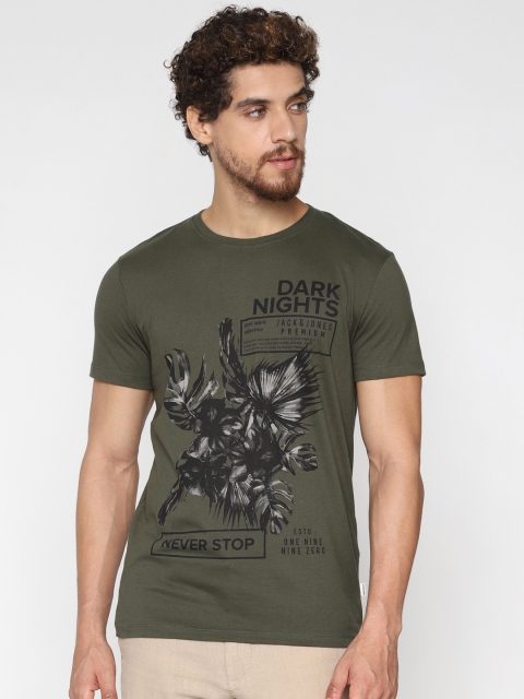 

Jack & Jones Men Olive Green & Black Printed Slim Fit Round Neck T-shirt