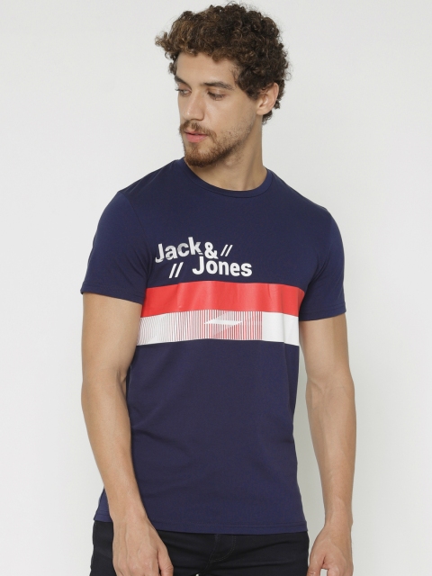 

Jack Jones Men Navy Blue Printed Round Neck Pure Cotton T-shirt