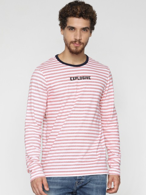 

Jack Jones Men Red White Striped Round Neck Pure Cotton T-shirt