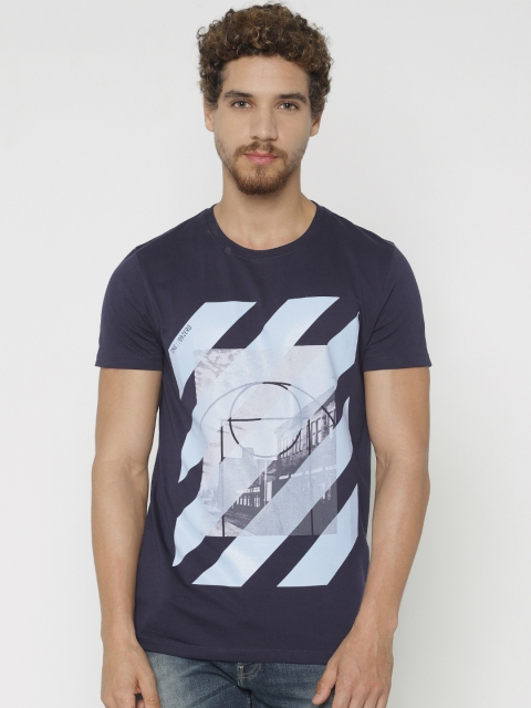 

Jack Jones Men Navy Blue Printed Slim Fit Round Neck Pure Cotton T-shirt
