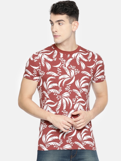 

Jack & Jones Men Rust Brown & White Printed Slim Fit Round Neck T-shirt