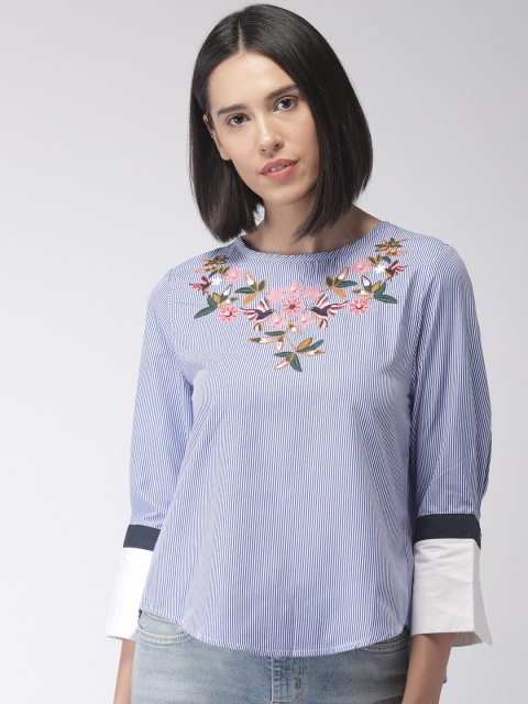 

Madame Women Blue Striped Styled Back Top