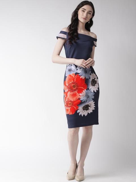 

Madame Women Navy Blue & Orange Printed Off-Shoulder Sheath Dress