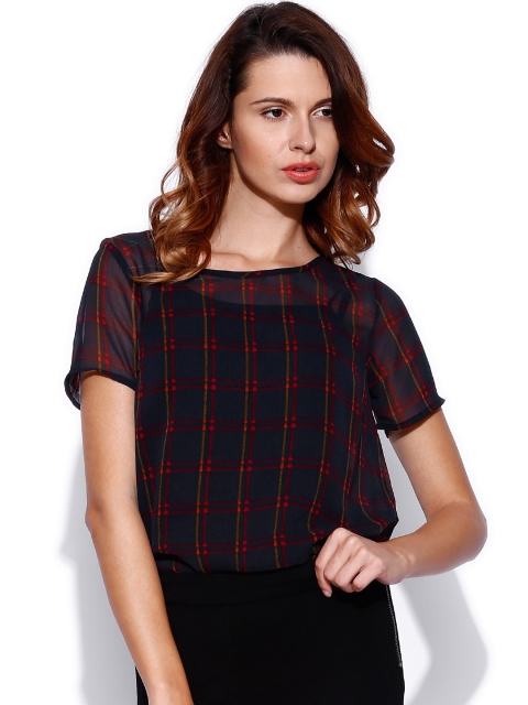 

ONLY Navy & Red Checked Sheer Top, Navy blue