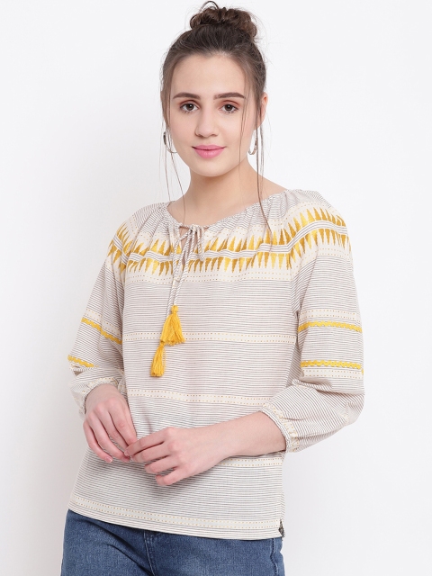 

Taanz Women Beige & Yellow Striped Pure Cotton Top