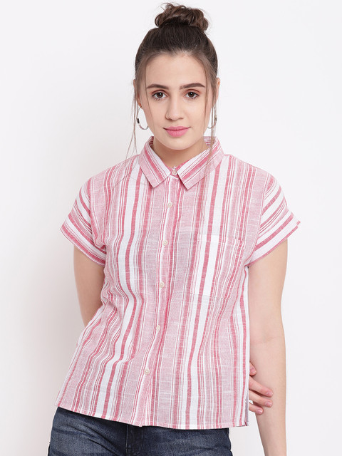 

Taanz Women Red Striped Shirt Style Top