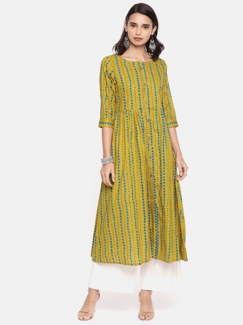 

Alena Women Mustard Yellow with Green Tinge Printed A-Line Kurta