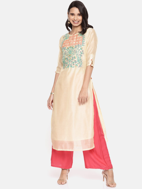 

Alena Women Beige Embroidered Straight Kurta