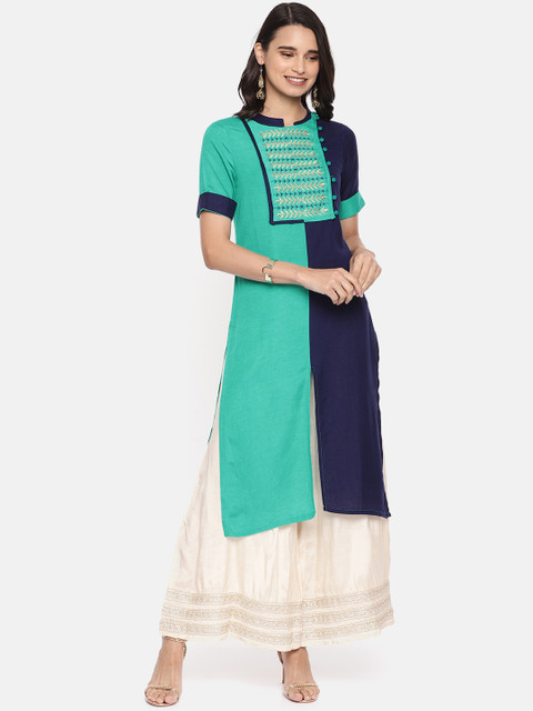 

Alena Women Sea Green & Navy Blue Embroidered Straight Kurta