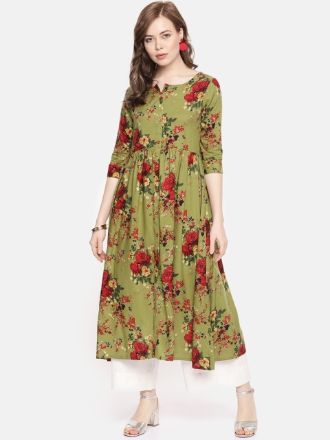 

Alena Women Green & Red Floral Print A-Line Kurta