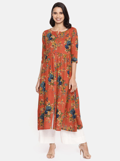 

Alena Women Rust Orange Floral Print A-Line Kurta