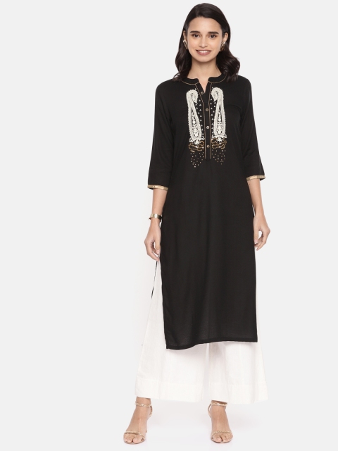 

Alena Women Black Yoke Design Embroidered Straight Kurta