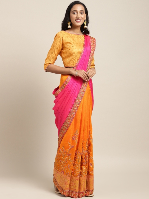 

Indian Women Pink & Mustard Yellow Poly Silk Embroidered Saree