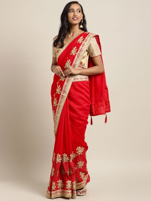 

Indian Women Red Embroidered Poly Silk Saree